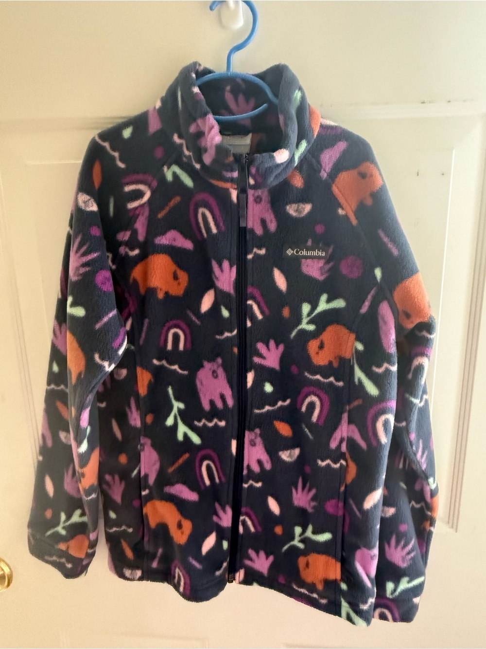 Columbia Kids' Navy Puffer-Style Fleece Jacket with Multicolor Animal Print